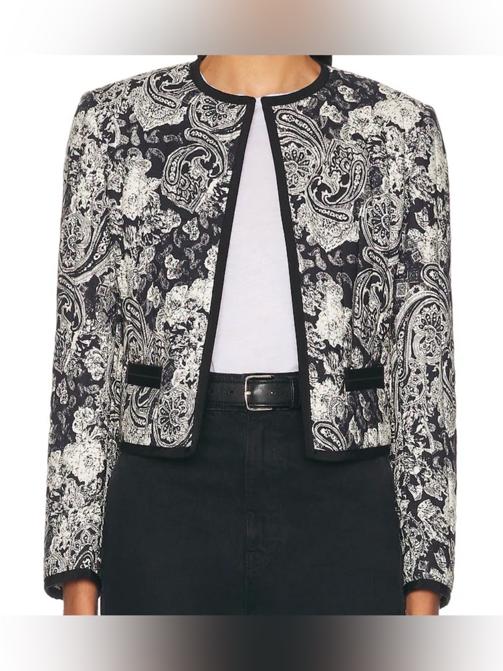 Nili Lotan The Bono Jacket- Black & White Paisley Cropped Jacket